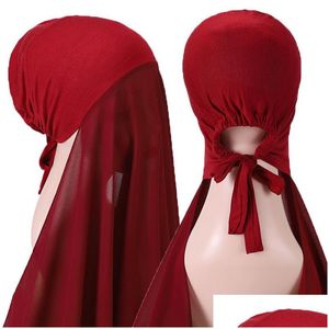 Hijabs Chiffon Scarf Hijab och Inner Cap All-In-One Suit Muslimska kvinnor Bekväma huvudduk Elastisk motorhuv med slipsrep 180x70cm Drop DHL80