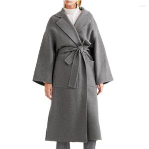 Cappotto da donna in lana di lana autunno inverno moda taglia divisa in cashmere da donna con cintura colletto rovesciato di lana