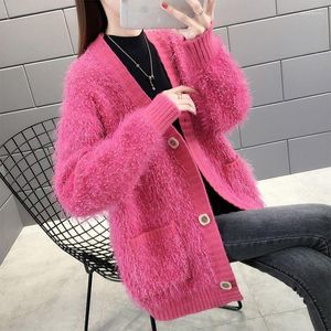 Kvinnors stickor Rose Red Faux Fur Winter Autumn Women Sweaters Trendy Furry Plush Long Loose Korean Overdimensionerad jacka Tröja Tops Overrock