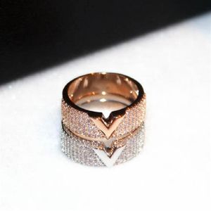 Fashion luxury designer super sparkling cubic zirconia diamond letter V hollow ring for women girls 8 9252u
