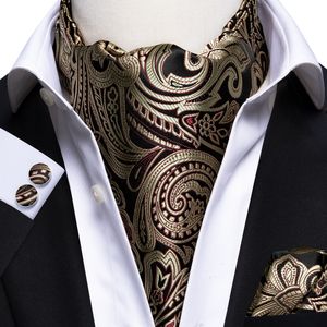 Laços de seda luxo paisley cachecol gravata preto dourado ascot cravat conjunto para homens vintage casual grande floral casamento gravata bolso quadrado conjunto 230922