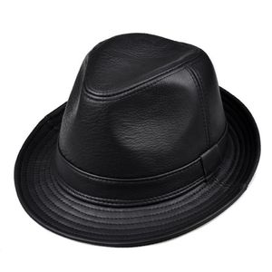 Ampla borda chapéus moda real couro cavalheiro fedora chapéu homens outono inverno sólido preto vintage pai chapeau boné panamá jazz269e