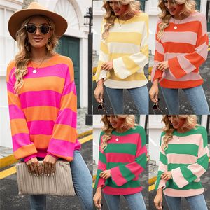 Womens Sweaters Autumn Winter Pullover Knitted Sweater Splicing Stripe Round Neck Bottoming Shirt Urban Casual Loose Top Woman 230925