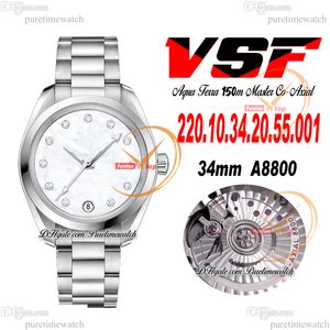 VSF Aqua Terra 150M A8800 Relógio Automático Feminino 43mm Moldura Polida Mop Diamantes Mostrador Pulseira de Aço Inoxidável Super Versão 220.10.34.20.55.001 Puretime D4