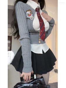Vestidos de trabalho 2023 uniforme japonês terno mulher cinza magro camisola de malha tops preto bodycon y2k mini saia faculdade moda 3 peça conjunto menina