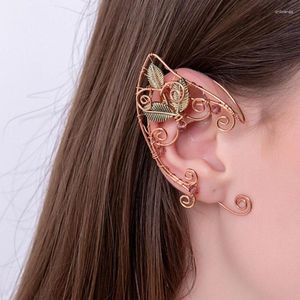 Backs Earrings Handmade Copper Leaf Elven Ear Cuff Cosplay Wrap Charm Vintage Garden Flower Pearl Green Fairy No Piercing