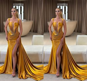 Sexy Gold Mermaid Prom Dresses Long For Women Spaghetti Straps Draped Pleats High Side Split Evening Party Birthday Pageant Gowns Formal Wear Special Occasion Dress