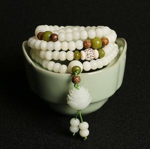 Naturstein Bodhi Wurzel Wickelarmbänder Weiße Jade buddhistisch 108 Stück Buddha Perlen Rosenkranz Bodhis Armband für Frauen2541306