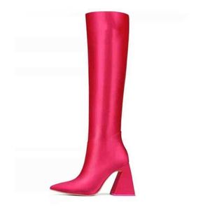 Сапоги женские до колена розово-красные тканевые с острым носком, длинные женские элегантные дизайнерские туфли на массивном каблуке Botas Femininas 220729