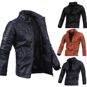 Men's Fur Motorcycle Leather Jacket Long Sleeve Stand Collar Solid Color Cardigan Coat Casual Slim Type Zipper Tops