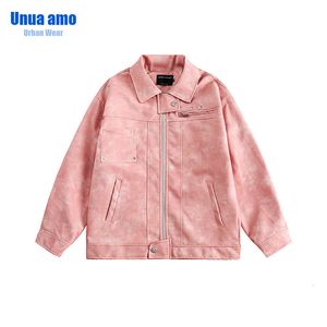 Men's Jackets Hip Hop Tie Dyed Polo Neck Motorcycle Wear Vintage Loose Patch Decorative PU Leather Coat Men Spring and Autumn Y2k Outwear 230926