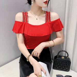 Kvinnors T-skjortor Summer Women Clothes Mesh T-shirt Chic Sexig Off Shoulder Shiny Diamonds Spaghetti Strap Top Ruffles Sleeve Tees