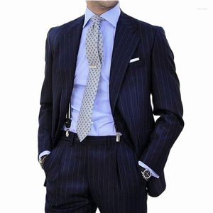 Men's Suits Design Pinstripe Suit For Men 2 Pieces Navy Blue Slim Fit Business Blazer Formal Groom Wedding Tuxedos Trajes De Hombre