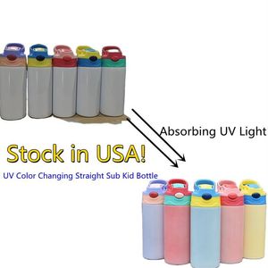 USA STOCKED UV Color Changing Bottle 12oz Sublimation Straight Kids Sippy Cups Stainless Steel Double Wall Insulated Vacuum Sunsh2377