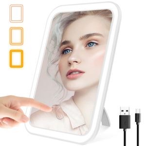 Oggetti decorativi Figurine Specchio per il trucco Specchio cosmetico LED compatto portatile ricaricabile tramite USB con cavalletto touch screen Specchio per trucco oscurante a 3 colori 230926