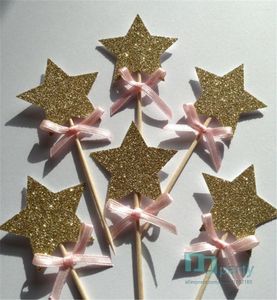 Parti Malzemeleri 20 PCS Bow Gold Gümüş Yıldızlı Cupcake Topper Pick Düğün Dekorasyonu Bebek Duş Doğum Günü Pastası Pişirme