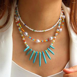 Choker Europäischen und Amerikanischen Schmuck Sommer Frauen Mehrschichtige Perle Türkis Schlüsselbein Kette Dame Mischfarbe Hirse Perlen Halskette