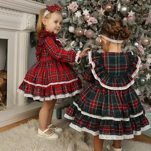 Flickas klänningar 1-7 år flickor julklänning baby långärmad spets trim ruffle pläd vintage klänningar barn fest prinsessan höstkläder 230925