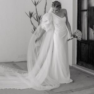 One Shoulder Satin Mermaid Wedding Dresses Pärled Applices Pleat Bridal Gown Ruched Puffy Sleeves Vestidos de Novia