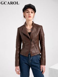 Women's Leather GCAROL Women Faux Short Jacket Asymmetric Zipper Stand Up Collar Slim Fit Handsome Motorcycle For 4 Season