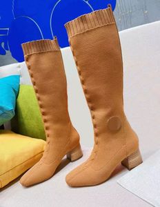 Women's Over Knee Elastic Long Boots Fashion Knitted Socks Fabric Genuine Leather High Heels Shoes Show Party Wedding Martin Shoes 35-40
