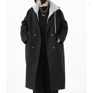 Men's Wool XUXI 2023 Winter Vintage Double Breasted WoolenCoat Women Black Splicing Loose Hooded Cardigan Thicken Fashion Windbreaker E4524