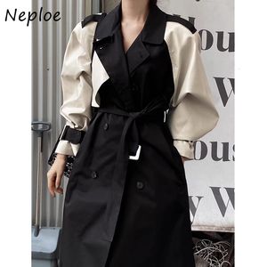 Womens Wool Blends Neploe Korean Handsome Vintage Style Jackets Femme Autumn Winter Suit Collar Contrast Panel PU Leather Long Trench Coat 230925