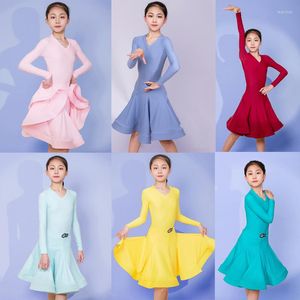 Scenkläder 6 färger barns balsal danstävling klänning flickor långa ärmar latin barn prestanda dans SL7524