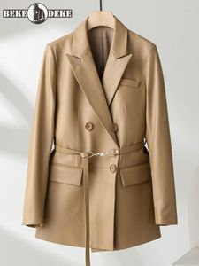 Mulheres de couro escritório senhoras cinto rendas até duplo breasted pele carneiro blazer trabalho terno casaco feminino outono luxo jaqueta genuína