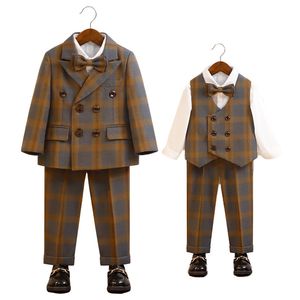 Passar Children's Winter Autumn Plaid Suit Set Boy's Baby's First Birthda Piano Performance Wedding Costume Kids Blazer Vest Pants 230925
