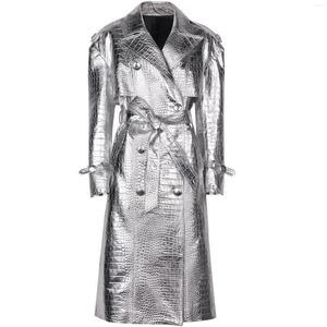 Yoloagain couro feminino duplo breasted oversized genuíno trench coat feminino 2023 brilhante tira croc padrão jaqueta senhoras