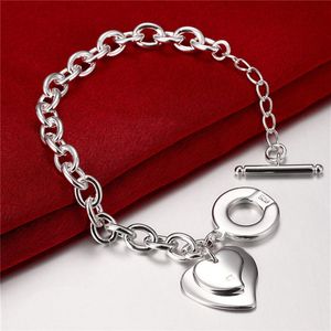 Pulseira feminina banhada a prata esterlina duplo coração para charme GSSB284 moda 925 placa de prata joias pulseiras210F
