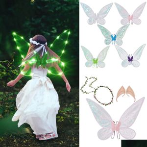 Party Favor Fairy Wings For Girls Halloween Costume Dress Up Sparkling Sheer With Flower Crown Headband And Elf Ears Set Kids Adt 83 Ot2Jf