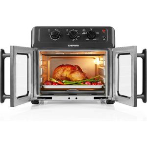 Large Air Fryer and Convection Oven with French Doors and Rotisserie Spit, Easiest Way to Cook Oil-Free, Double Wide Glass Wind