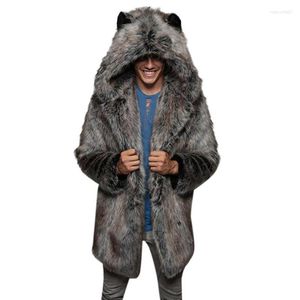 Herrpäls vinter män faux rockar huva med öron smala jackor varm ärm i ytterkläder parka plysch nallebjörn överrock plus storlek