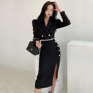 Work Dresses Formal Set Black Double Breasted Short Suit Top Split Skirt Autumn Winter 2023 Slim Bodycon Office Lady 2 Pieces