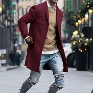 Modna moda męska zimowa solidna męska prosta, szczupła wełniana płaszcz jednokierunkowy średniej długości S-3XL