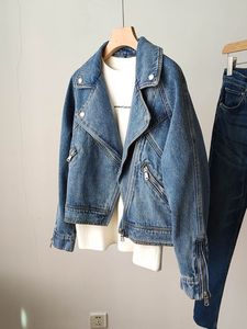 Kadın ceketleri ftlzz bahar sonbahar kadınlar rahat moto biker denim ceket bayan vintage gevşek yaka fermuar düz renk kısa kovboy ceket 230925