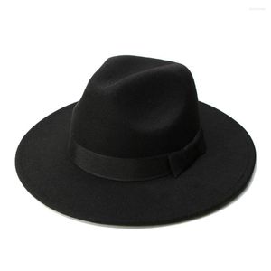 Berets Luckylianji Retro Kid Child Vintage Wool Wide Brim Cap Fedora Panama Jazz Bowler Hat Black Ribbon Band (54 cm/justering)