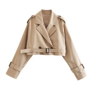 Jaquetas femininas Khaki Cropped Trench Mulheres Mangas Compridas Cropped Design Jaqueta Chic Lady High Street Casual Loose Coats Top Feminino 230925