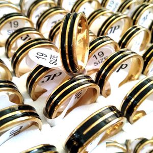 Anéis de banda 30 pcs ouro largo 6mm 316L aço inoxidável com esmalte preto uni anel clássico homens mulheres presente festa jóias atacado drop del dhdju