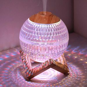 Humidifiers RGB Mini Air Humidifier Wood Base Humididicator Colorful Crystal Bedroom Room Fragrance Mist Maker Light Essential Oil Diffuser YQ230926