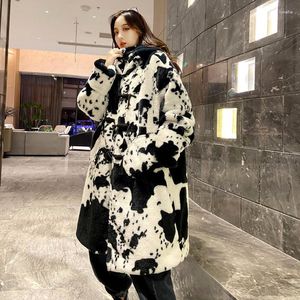 Women's Fur Cow Print Coat Women Winter Parka Jacket Faux Hooded Long Thick Warm Couple Clothes Lady Mink