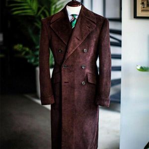 Men's Wool Corduroy Velvet Trench Tuxedo Coat Tailor Made Double-Breasted Blazer Long Warm Jacket