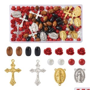 Kit per la creazione di collana di rosario con croce di lucite in plastica acrilica con perline di rosa cinabro perle di vetro in legno connettori di collegamento centrale ovale fascino fai da te Dhbug