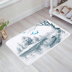 Mattor Riverside Boat Tree Flying Bird Illustration Art Bedroom golvmatta hem Entré dörrmatta kök badrumsmatta