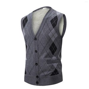 Men's Vests Plaid Mens Knitted Wool Cardigan Vest Button Autumn And Winter Sweater With Pocket Cut Out Padded Jumper Man Top