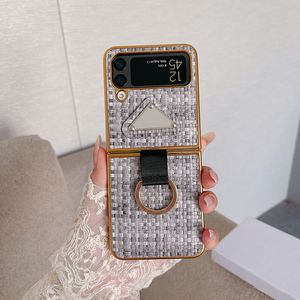Samsung Galaxy Z Flip 4 3 전화 케이스 디자이너 직조 패턴 PU 가죽 럭스 럭셔리 백 범퍼 커버 스트랩 랜더 핑거 링 홀더 펀더 코크 쉘 그레이