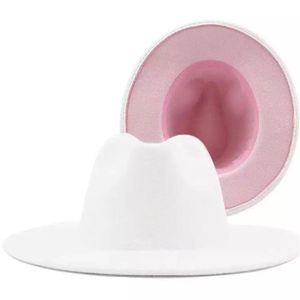 White and Pink Patchwork Women Wide Brim Faux Wool Felt Fedora Hats Unisex Men Vintage Top Cowboy Hat Jazz Party Cap333g