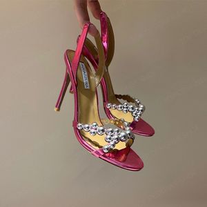 Aquazzur-Sandalen von höchster Qualität, mit Strasssteinen verzierte High Heels, Sandalen mit Stiletto-Absatz, elegante Schuhe, Luxus-Designer-Hochzeitsparty-Schuhe für Damen, Gold, Silber, Rose